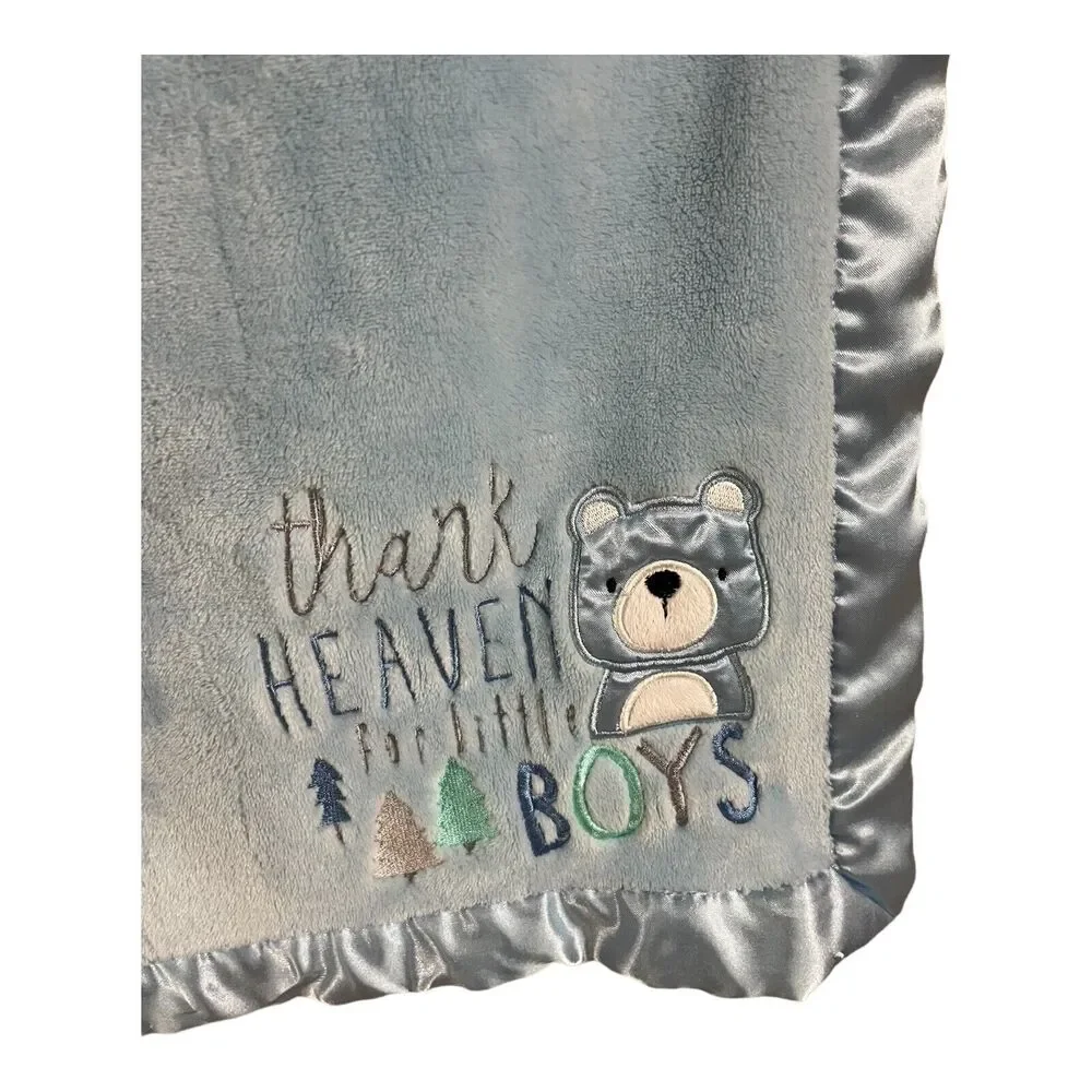 Baby Essentials Blue Baby Blanket Thank Heaven For Little Boys Satin Trim Bear